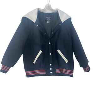 Women's L Short HOLLOWAY Varsity Letter Jacket Black w/ Red Trim Wool Blend Hood